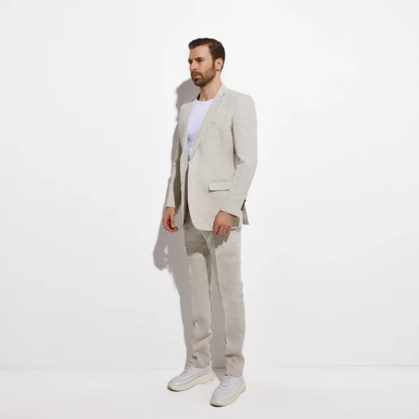 Breathable Sand Grey Linen Slim Fit Custom Wedding Beach Suit - Image 3