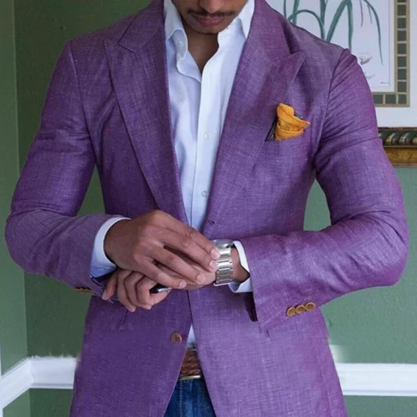 Orange Linen Slim Fit Summer Beach Wedding Groom Suit 2-Piece Set - Image 2