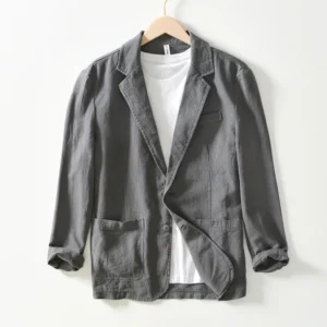 Retro Linen Blazer Men Casual Business Formal Loose Fit Jacket Cotton Blend