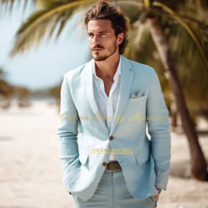 Sky Blue Linen Men's 2-Piece Suit Summer Wedding Beach Outfit