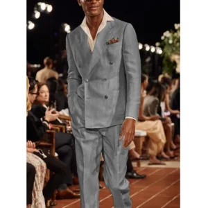 Luxury Linen Slim Fit Men Suit Business Casual Two-Piece Set Blazer Pants