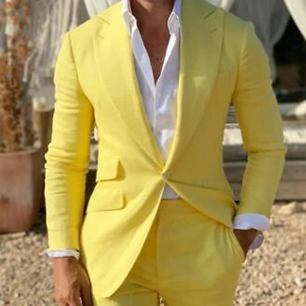 Yellow Linen Beach Men Suits Slim Fit 2 Piece Wedding Tuxedo Set - Image 3