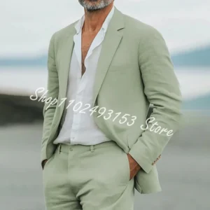 Green Linen Men’s Notched Lapel Summer Two-Piece Wedding Suit