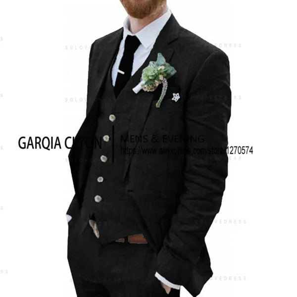 Men's Retro Linen Suit 3 Piece Slim Fit Beach Wedding Outfit Blazer Vest Pants - Image 4