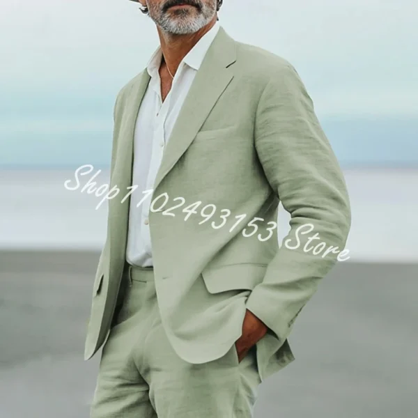 Green Linen Men’s Notched Lapel Summer Two-Piece Wedding Suit - Image 2