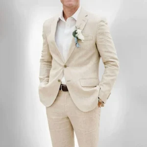 Beige Linen Slim Fit Summer Men Wedding Suit Casual Beach Set