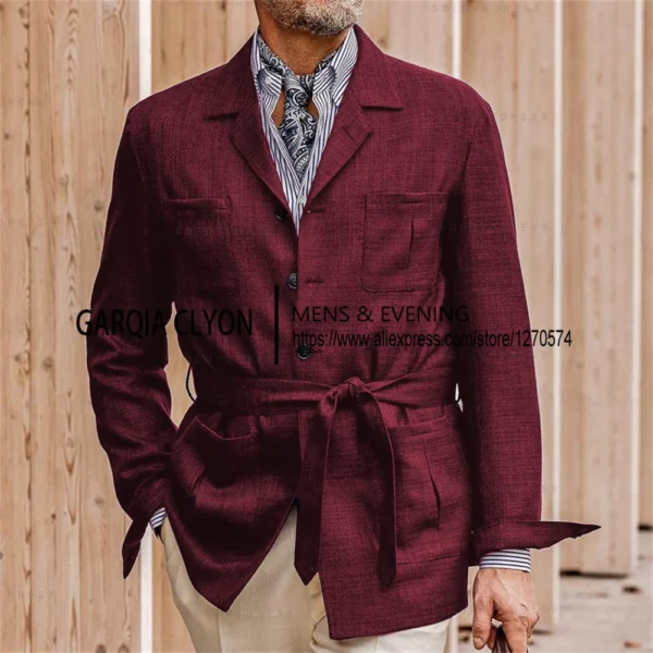 New Arrival Linen Belted Lapel Blazer Wedding Summer Jacket - Image 5