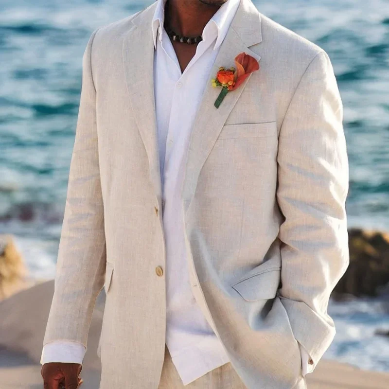 Beige Linen Wedding Suit Men Summer Beach Groom Tuxedo Set - Image 3