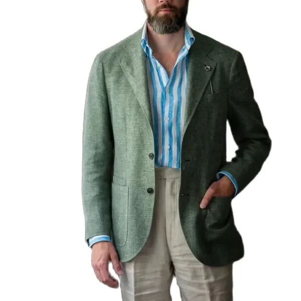 Summer Linen Men's Suit Green Blazer Beige Pants Beach Wedding Outfit - Image 2