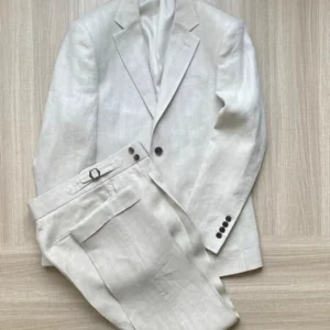 Top Quality Beige White Linen Slim Fit Summer Casual Outfit Set