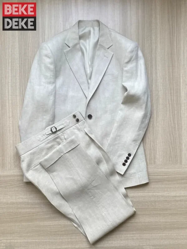 Top Quality Beige White Linen Slim Fit Summer Casual Outfit Set