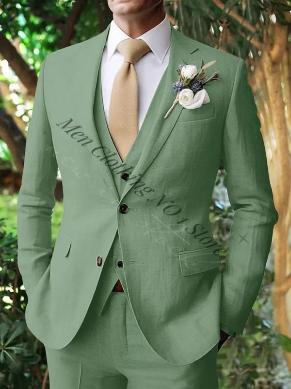Sage Green Linen Men's 3-Piece Suit Summer Beach Wedding Outfit - Image 2