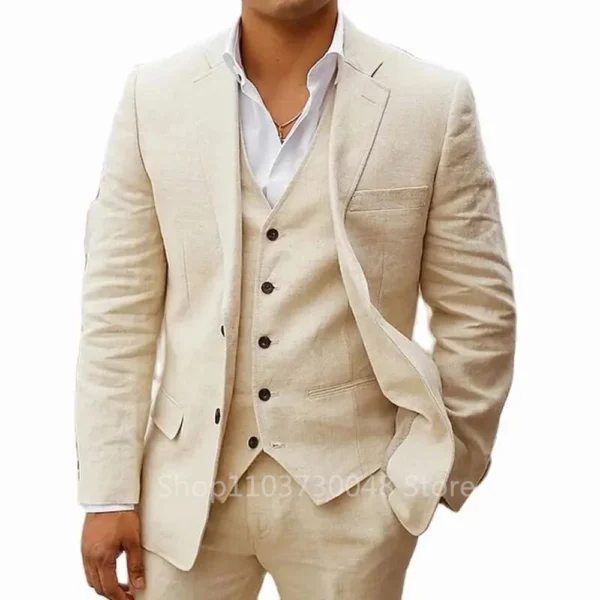 3 Piece Men's Linen Slim Fit Suit For Summer Beach Wedding Party Groomsmen - Image 2