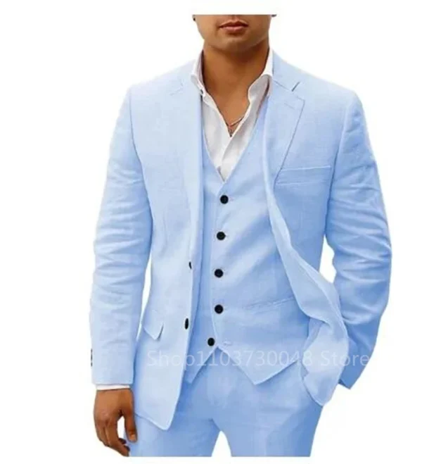 3 Piece Men's Linen Slim Fit Suit For Summer Beach Wedding Party Groomsmen - Image 3