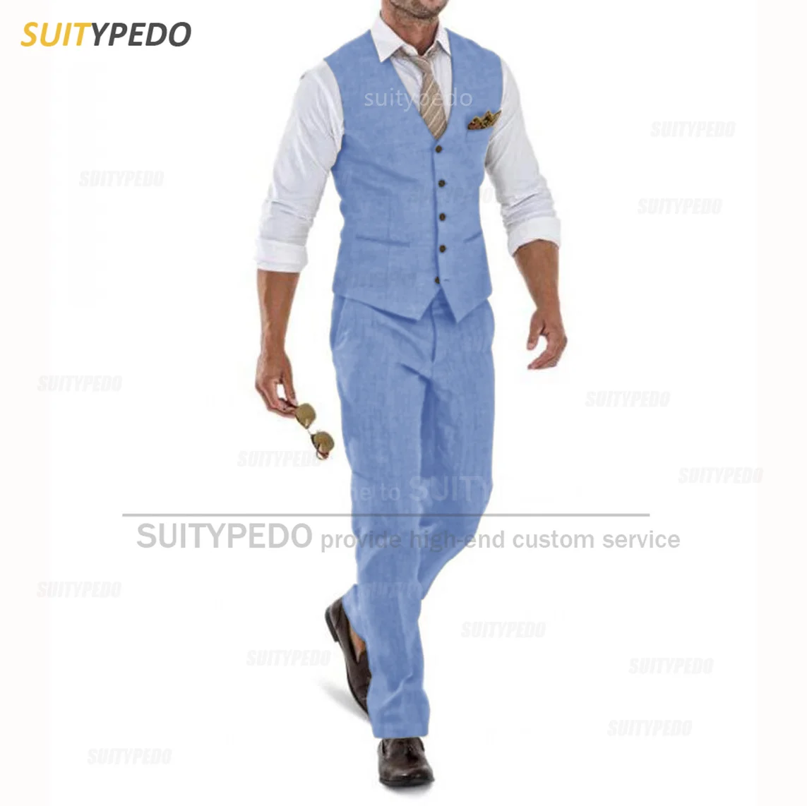 Linen Suit For Men Casual Slim Fit Ivory Vest Pants Wedding Set - Image 2