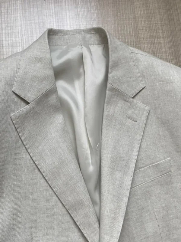 Top Quality Beige White Linen Slim Fit Summer Casual Outfit Set - Image 4