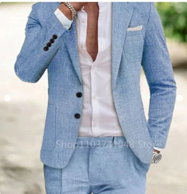 Linen Slim Fit Summer Men Suit Wedding Prom Tuxedo 2-Piece Set - Image 2