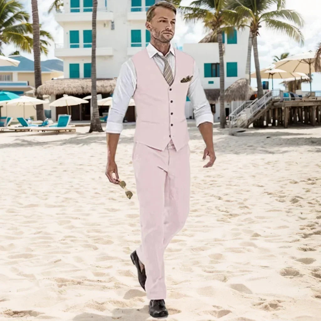 Mens Linen Suit Slim Fit Wedding 2 Piece Summer Beach Tuxedo Set - Image 2