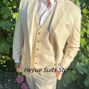 High End Cream Linen 3 Piece Groom Wedding Beach Party Suit
