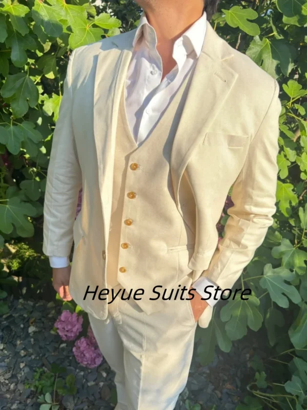 High End Cream Linen 3 Piece Groom Wedding Beach Party Suit