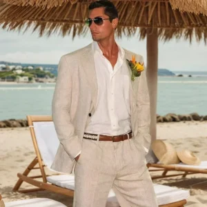 Slim Fit Linen Suit For Men 2 Pieces Blazer Pant Set Lightweight Summer Outfit