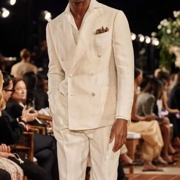 Ivory Linen Men's Suit 2-Piece Formal Casual Groom Wedding Tuxedo - Image 2