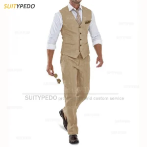 Linen Suit For Men Casual Slim Fit Ivory Vest Pants Wedding Set