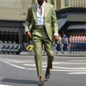 Green Linen Men Suits African Blazer Sets Peaked Lapel Wedding Suit