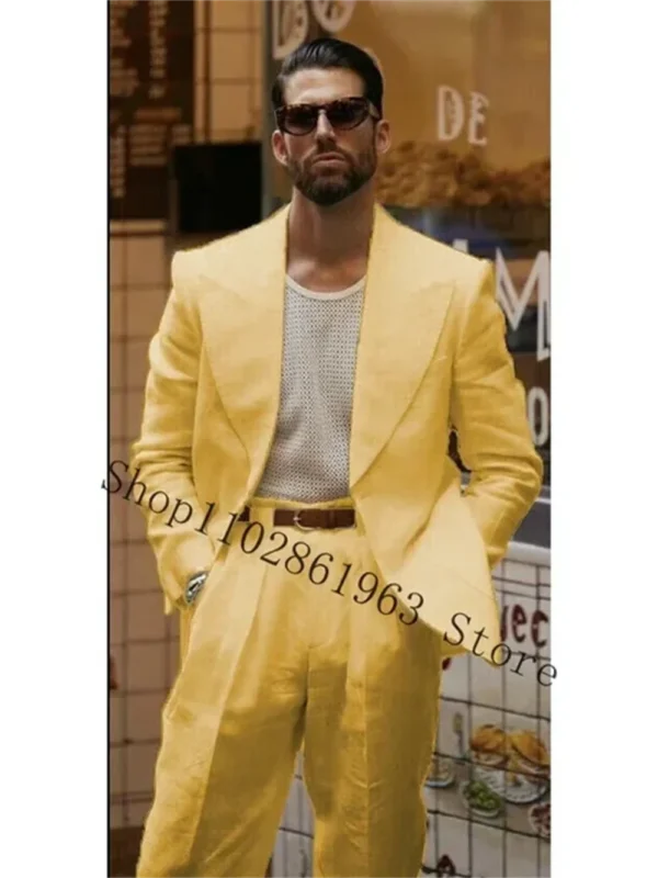 High Quality Linen Men Suit Set Wedding Groom Tuxedo Outfit Classic Elegant - Image 3