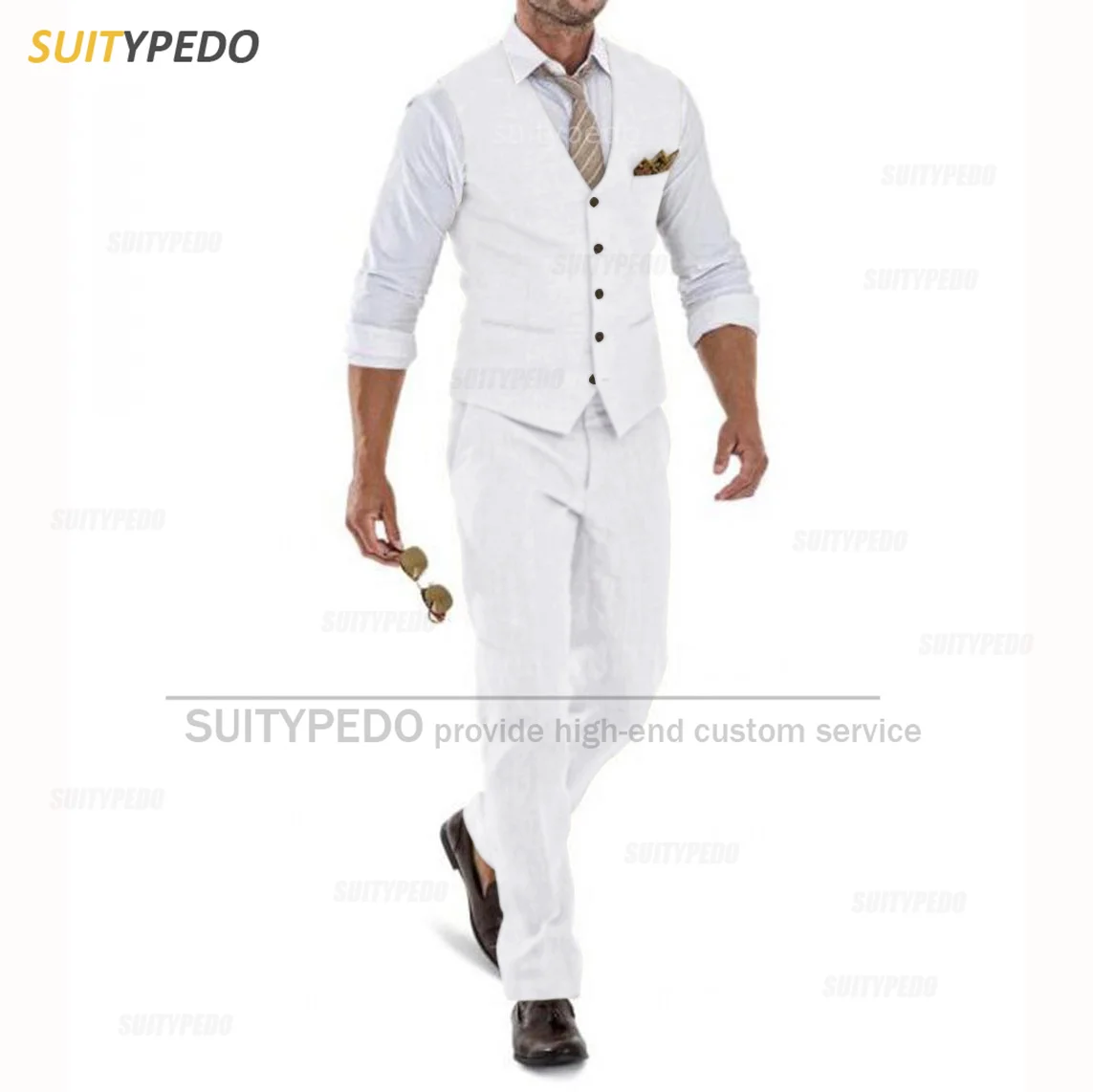 Linen Suit For Men Casual Slim Fit Ivory Vest Pants Wedding Set - Image 4