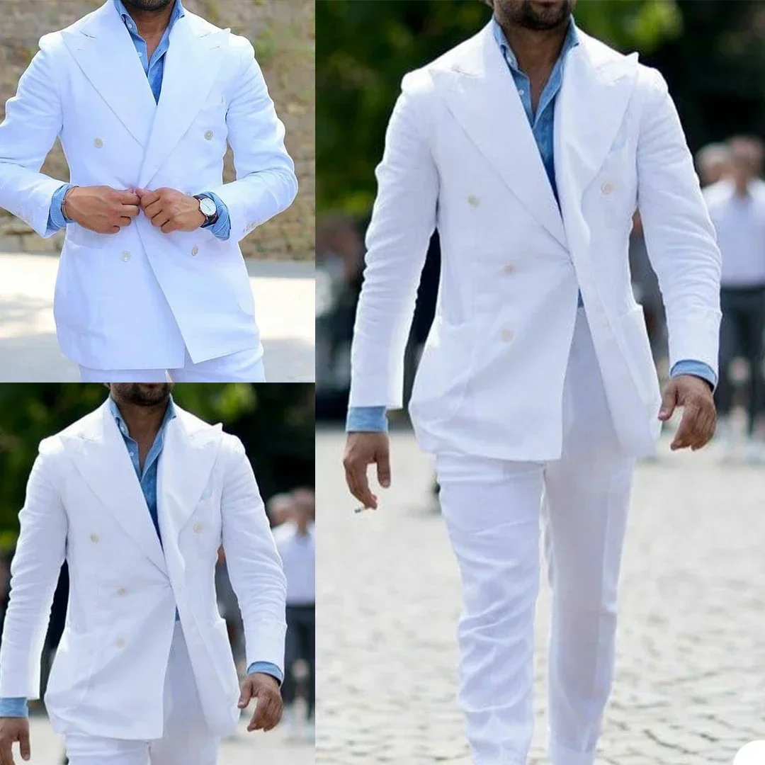 Casual Men Suits Business Slim Fit White Linen Summer Three-piece Set Blazer - Image 2