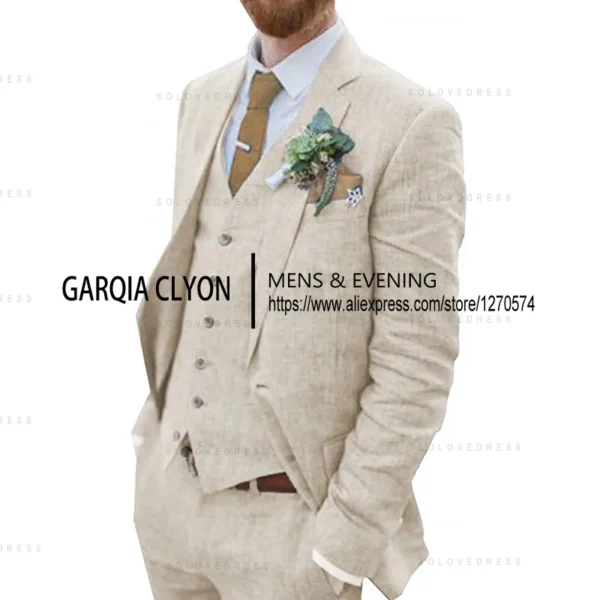 Men's Retro Linen Suit 3 Piece Slim Fit Beach Wedding Outfit Blazer Vest Pants - Image 3