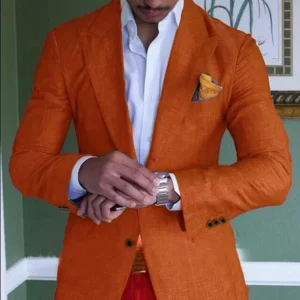 Orange Linen Slim Fit Summer Beach Wedding Groom Suit 2-Piece Set
