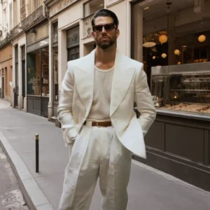 Summer 2 Piece Linen Men Suits Wedding Peak Lapel Groom Tuxedos