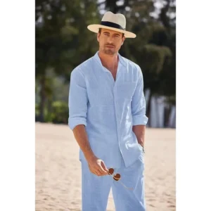 Sky Blue White Black Sports Suit Men's Beach Casual Linen Two-piece Set