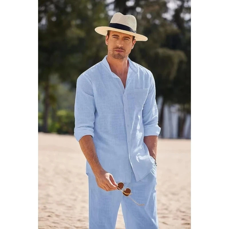 Sky Blue White Black Sports Suit Men's Beach Casual Linen Two-piece Set