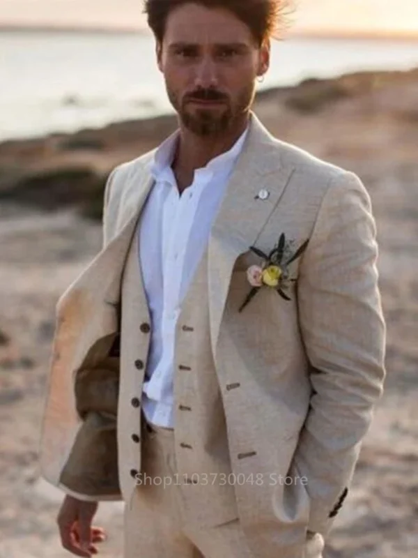 Beige Linen Men Suit Three Piece Wedding Groom Beach Outfit Set Elegant - Image 2