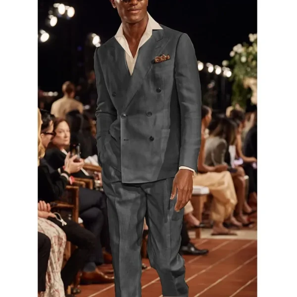 Luxury Linen Slim Fit Men Suit Business Casual Two-Piece Set Blazer Pants - Image 2