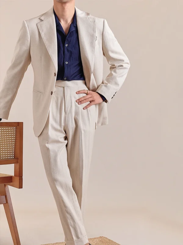 Beige Cotton Linen Men’s Suit Set Summer Thin Casual Blazer - Image 3