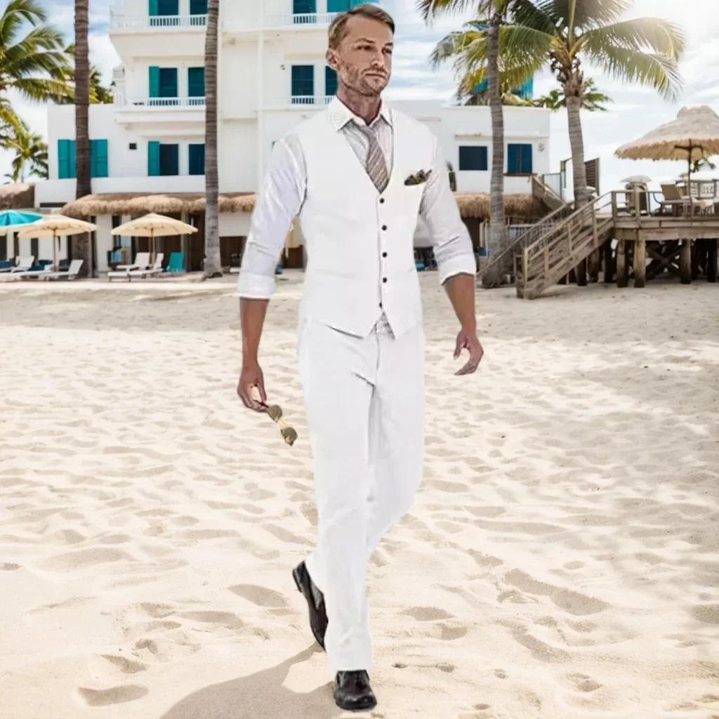Mens Linen Suit Slim Fit Wedding 2 Piece Summer Beach Tuxedo Set - Image 3