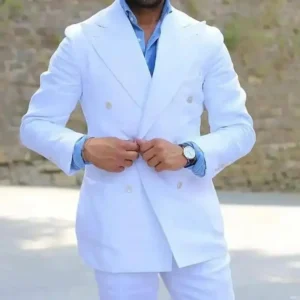 Casual Men Suits Business Slim Fit White Linen Summer Three-piece Set Blazer