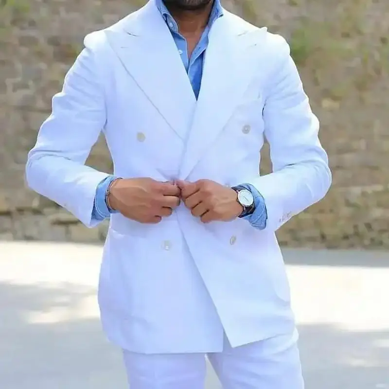 Casual Men Suits Business Slim Fit White Linen Summer Three-piece Set Blazer