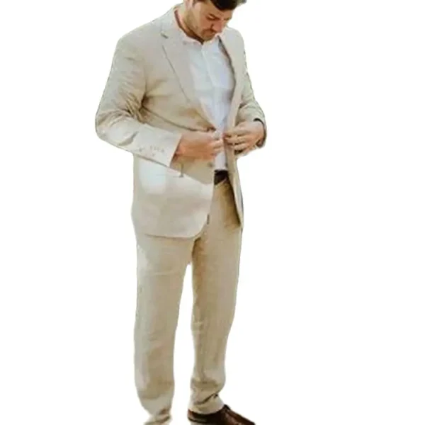 Beige Linen Slim Fit Men's Suit Wedding Casual 2-Piece Outfit - Image 4