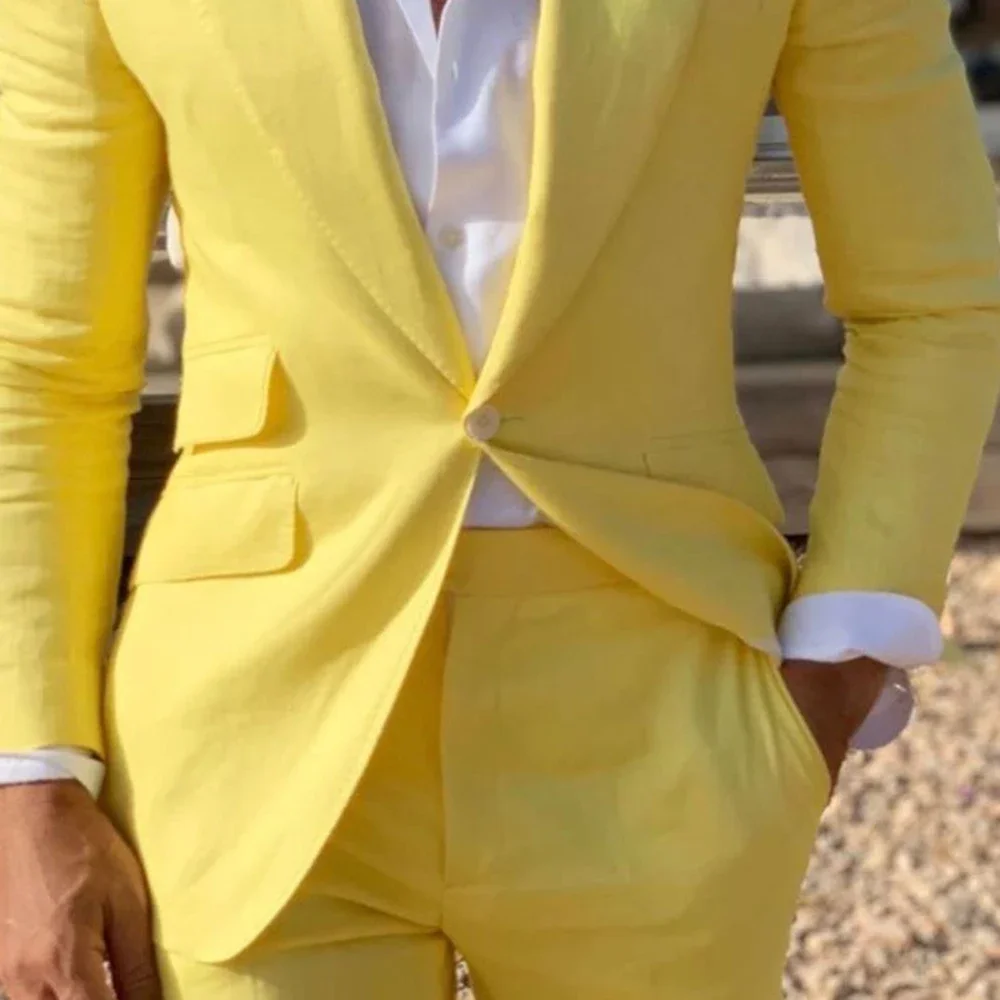 Yellow Linen Beach Men Suits Slim Fit 2 Piece Wedding Tuxedo Set - Image 2