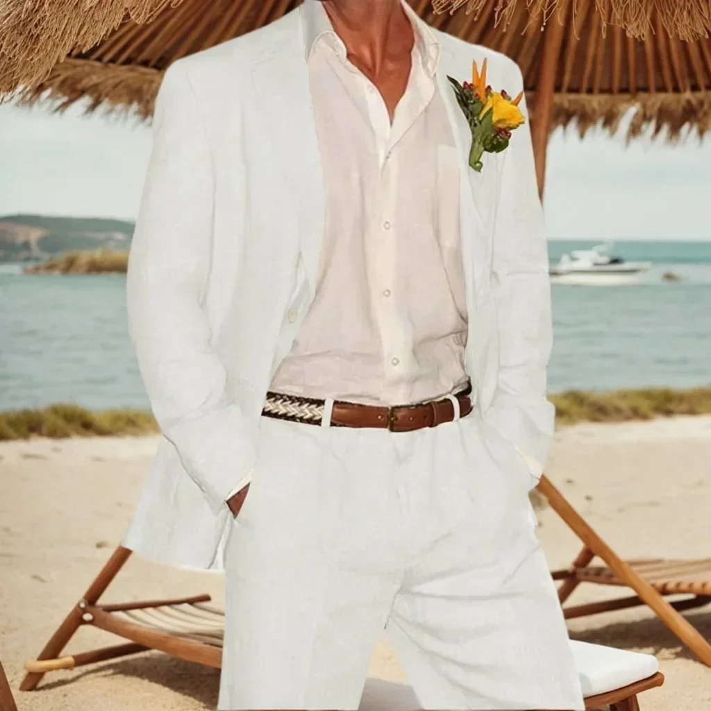 Slim Fit Linen Suit For Men 2 Pieces Blazer Pant Set Lightweight Summer Outfit - Image 6