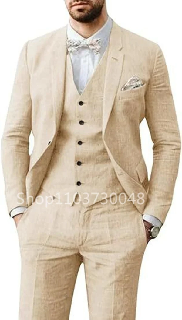 Elegant Beige Blue Linen 3 Piece Men Suit For Summer Wedding - Image 4