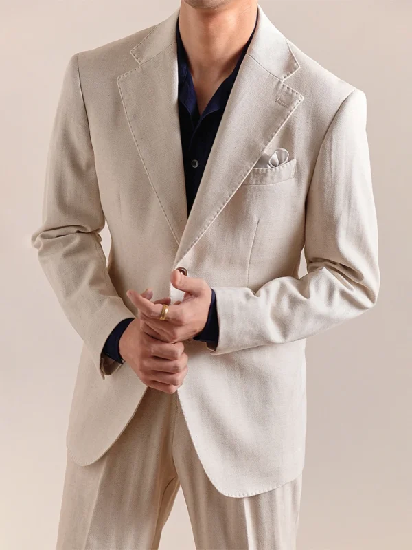 Beige Cotton Linen Men’s Suit Set Summer Thin Casual Blazer - Image 2