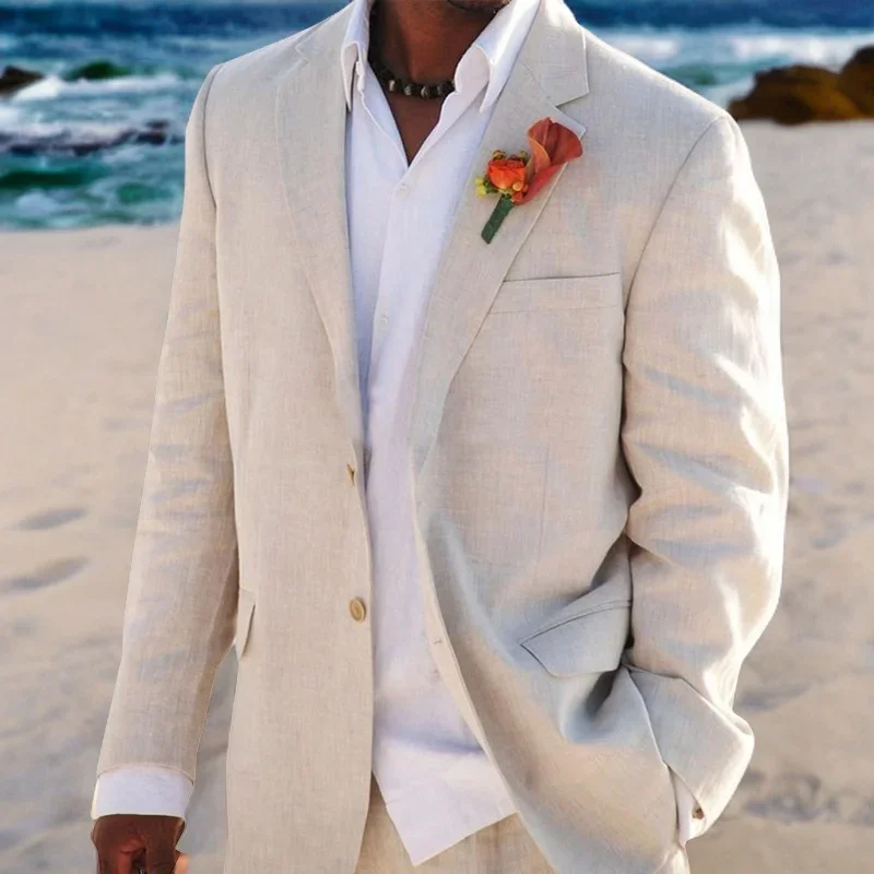 Beige Linen Wedding Suit Men Summer Beach Groom Tuxedo Set