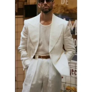 High Quality Linen Men Suit Set Wedding Groom Tuxedo Outfit Classic Elegant