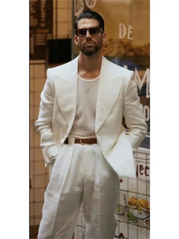 High Quality Linen Men Suit Set Wedding Groom Tuxedo Outfit Classic Elegant